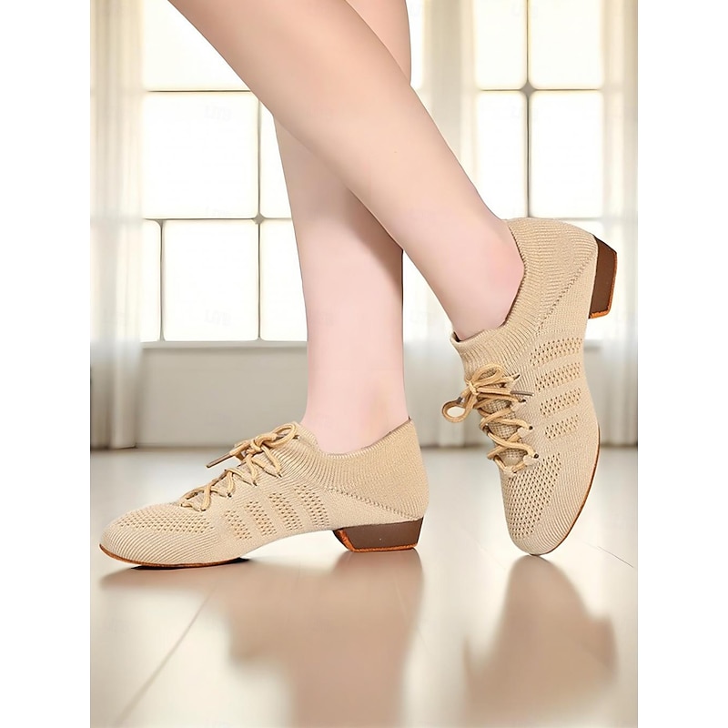 Women's Breathable Knit Lace-Up Dance Sneakers with Low Heels – Comfortable Mesh Shoes for Latin Practice and Square Dancing
