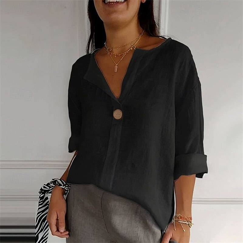 Women's Cotton Linen Shirts Plain Daily Stylish Basic Long Sleeve V Neck Regular Tops Work Daily Holiday Black White Pink Spring Fall