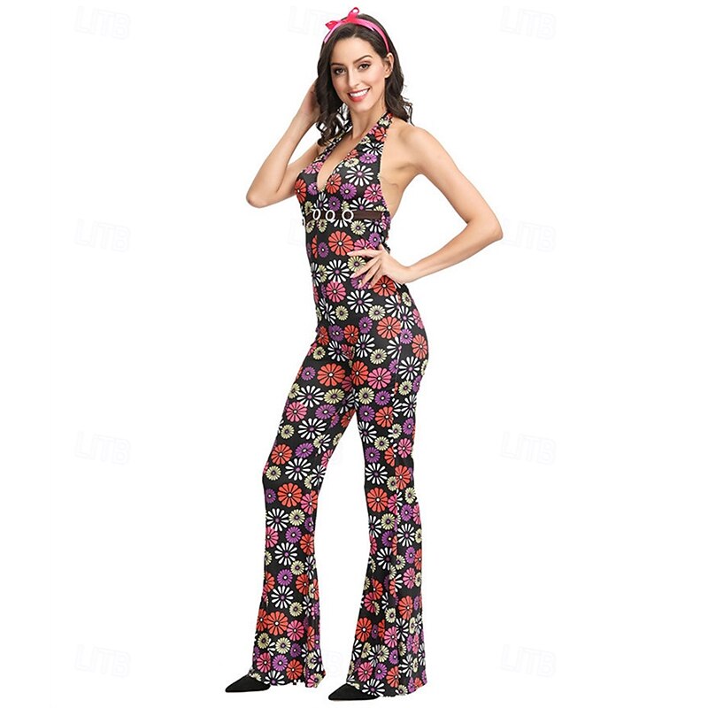 Retro Vintage 1970s Jumpsuit Hippie Halter Floral Fancy Dress Women's Halloween Carnival Masquerade Party Daily Wear Adults' Jumpsuit Summer4
