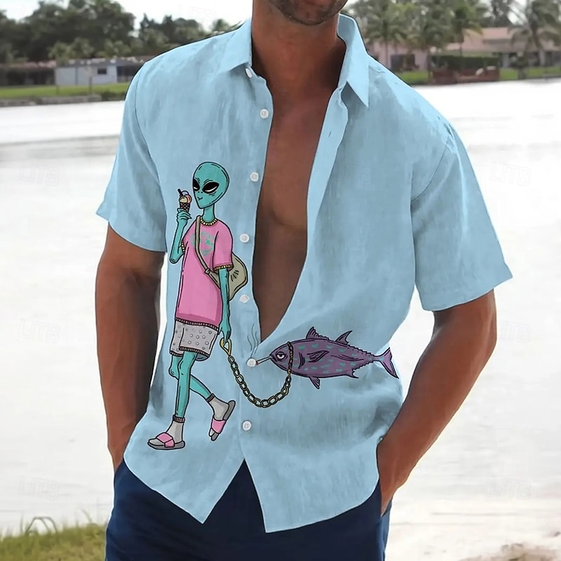 Men's Novelty Fish Alien Shirt Summer Hawaiian Shirt Button Up Shirt Short Sleeve Hawaiian Vacation Holiday Beach Wear Summer Spring Turndown 3D Print Collared Shirts Blue