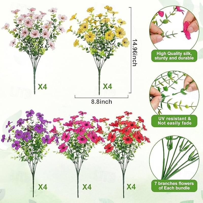 20 Bundles Artificial Flowers for Outdoors Decoration Fake Silk Flowers UV Resistant Faux Plants Artificial Daisy Eucalyptus for Spring Summer Garden Yard Porch Window Home Decor Mix Colors3