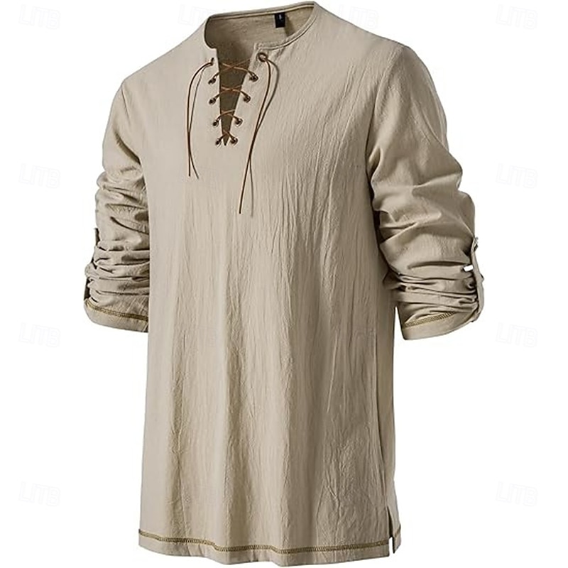 Medieval Renaissance 17th Century Medium Length Blouse / Shirt Cosplay Costume Knight Ritter Viking Celtic Knight Drawstring Solid Color Fancy Dress Men's Pirate Halloween Masquerade Casual Daily2