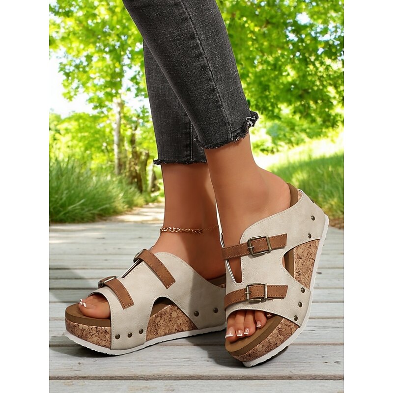 Women's Stylish Dark Blue Cork Wedge Sandals – Double Buckle Closure, Perfect for Outdoor Walks, Casual Gatherings, and Vacation