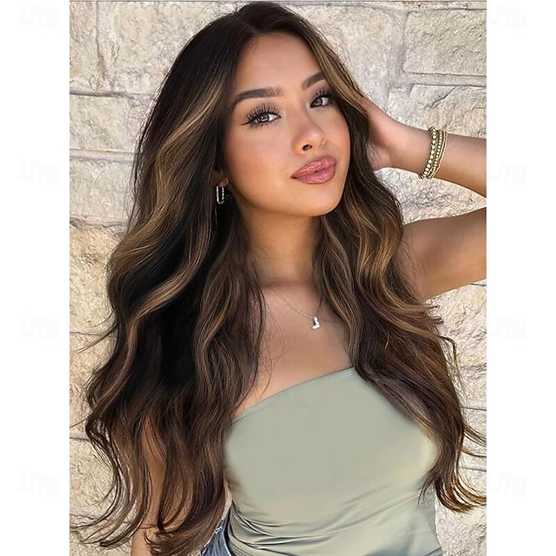 Long Brown Highlights Wigs for Women Ombre Brown Mixed Blonde Wigs with Black Roots Synthetic Long Curly Wavy Wigs With Lace Hairline Heat Resistant Fiber Wig for Daily Party Use2