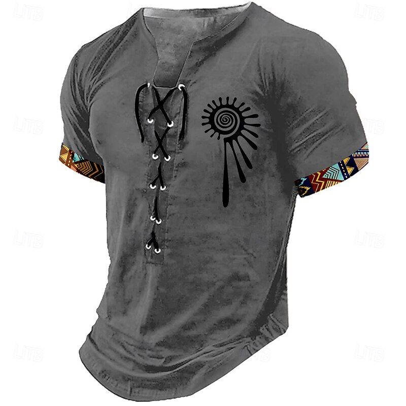 Men's Tribal Shirt Short Sleeve T shirt 3D Print Lace Up Neck Shirt Retro Vintage Vintage Retro Street Casual Daily Black Khaki Dark Gray Summer Spring Clothing Apparel S M L XL XXL XXXL3