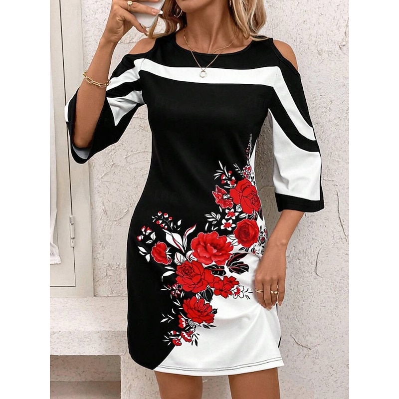 Women's Mini Dress Casual Dress Bodycon Summer Dress Fashion Modern Outdoor Daily Weekend Regular Fit Floral Striped 3/4 Length Sleeve Crew Neck Black White Red Summer