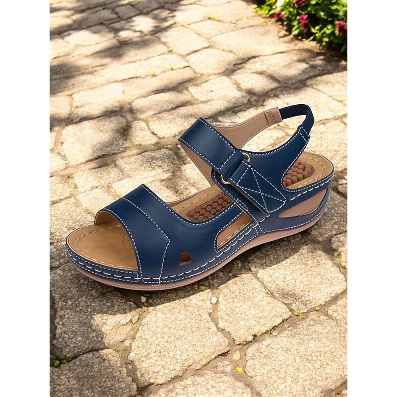 Women's Faux Leather Adjustable Strap Sandals – Arch Support Open-Toe Wedges, Comfortable Summer Walking Shoes for Daily Wear