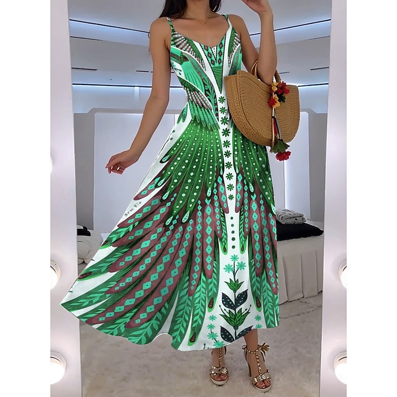 Women's Maxi Dress A Line Dress Slip Dress Vacation Casual Boho Going out Beach Regular Fit Floral Graphic Feather Sleeveless V Neck Blue Orange Green Rose Pink Summer Spring4