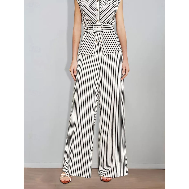 Striped Print Two Piece Pantsuit Mother of the Bride Pantsuit Classic Simple Minimalist Crew Neck Floor Length Metal Buttons Sleeveless with Sash / Ribbon3