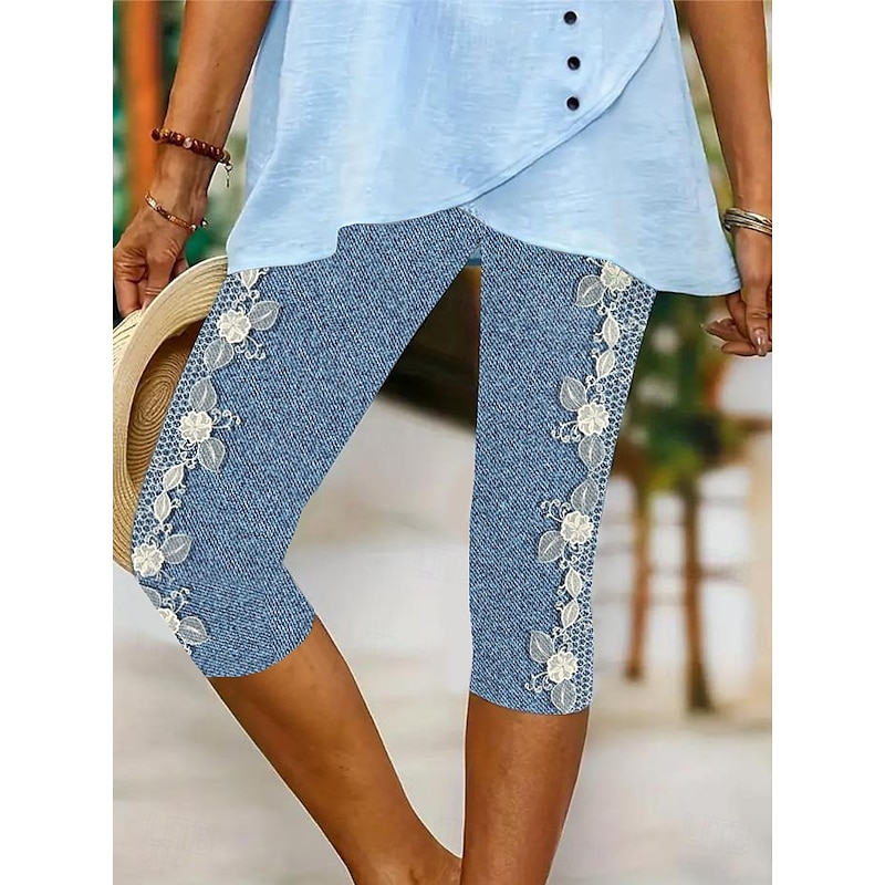 Women's Leggings Capri Pants High Elasticity Vacation Vintage Fashion Calf-Length Mid Waist Floral Graphic Printing Breathable Soft  Vacation Casual Daily Robin's Egg Blue Black Deep Blue Light Blue