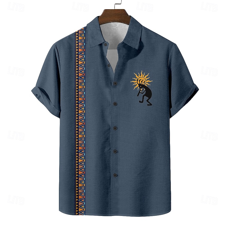 Men's Geometric Ethnic Kokopelli Shirt Summer Shirt Button Up Shirt Short Sleeve Vintage Retro Holiday Casual Daily Summer Spring Turndown 3D Print Linen Like Shirt Blue Green Khaki Dark Blue