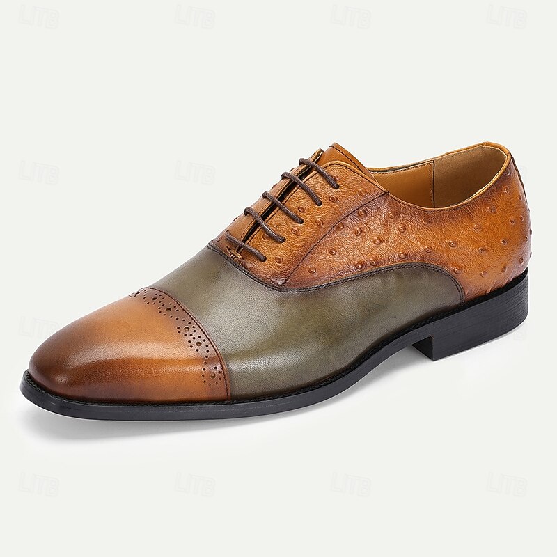 Men's Two-Tone Leather Oxford Shoes with Ostrich Print – Luxury Lace-Up Formal Shoes for Banquets and Prom Nights2