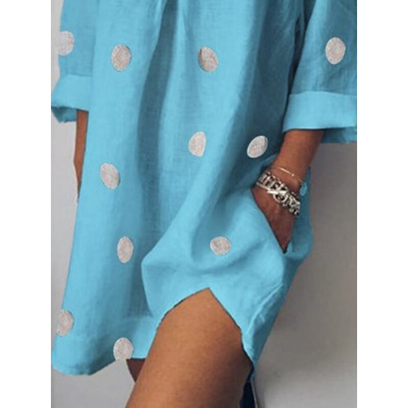 Women's Mini Dress Shift Dress Casual Outdoor Beach Linen Regular Fit Graphic Polka Dot Long Sleeve V Neck White Pink Blue Gray Summer3