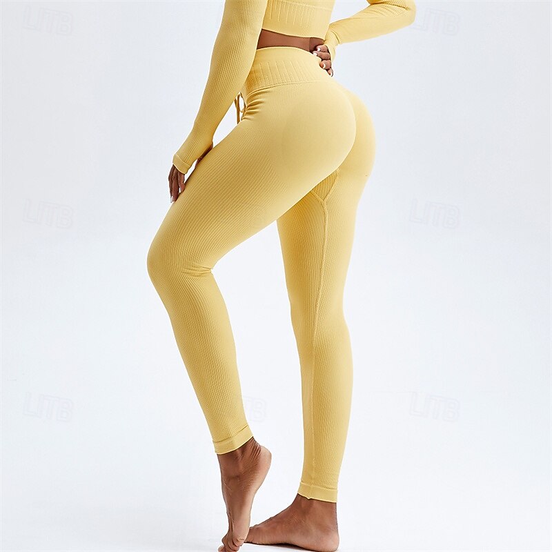 Women's Yoga Pants Yoga Leggings Drawstring Ribbed Butt Lift Tummy Control High Waist Pilates Gym Workout Workout Tights Solid Color Yellow Purple Green Spandex Fall Sports Activewear Stretchy Skinny2