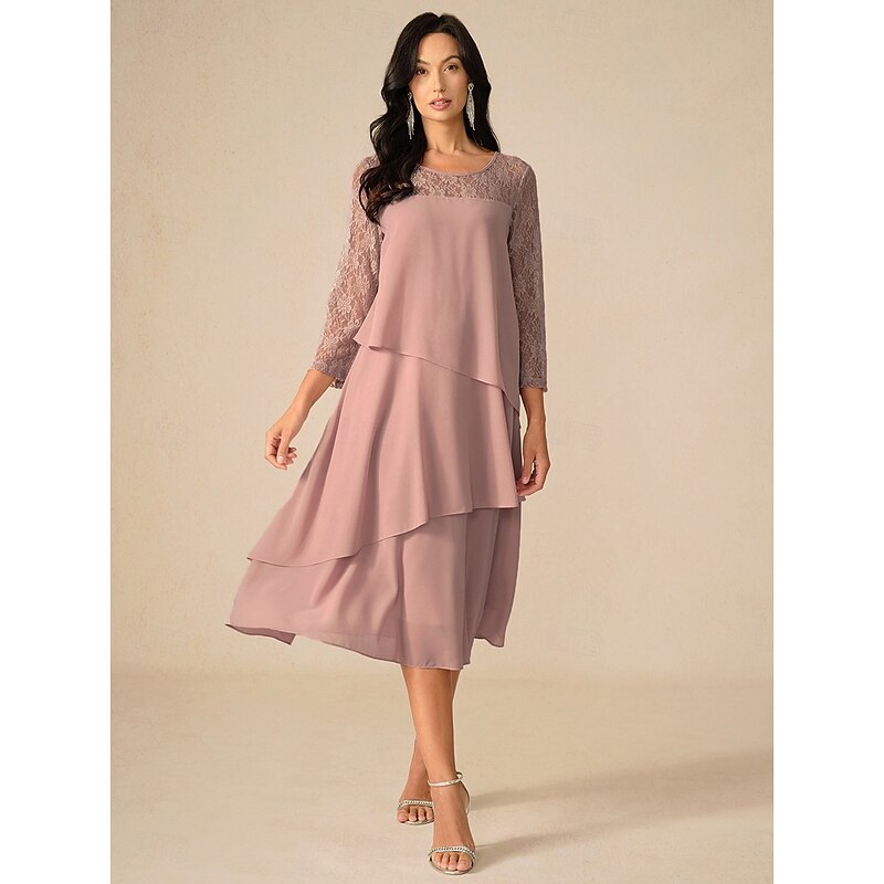 Women's Tea Length Lace Dress Party Dress Cocktail Dress Wedding Guest Dress Elegant Party Vacation Wedding Guest Cocktail Party Regular Fit Solid Color 3/4 Length Sleeve Crew Neck Dusty Rose Spring