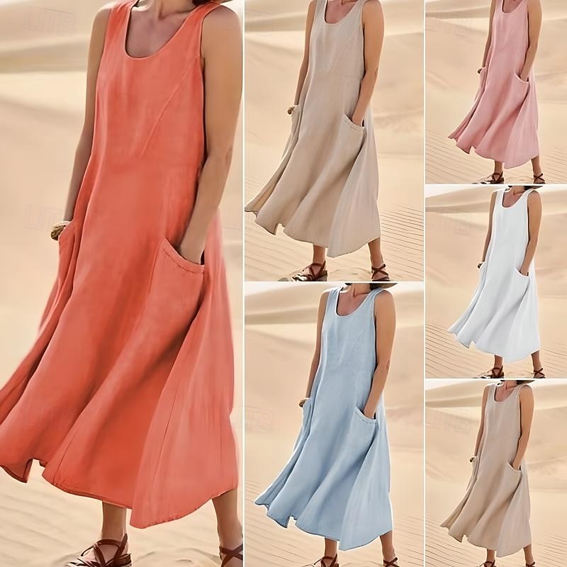 Women's Midi Dress Cotton Linen Dresses Cotton Linen Dress Fashion Classic Vacation Going out Weekend Regular Fit Plain Sleeveless Crew Neck White Pink Orange Khaki Summer4