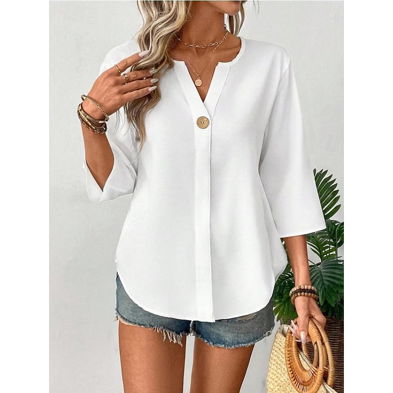 Women's Blouse Solid Color Stylish Casual 3/4 Length Sleeve V Neck Regular Tops Daily Holiday Buttons Black White Orange Summer Spring3