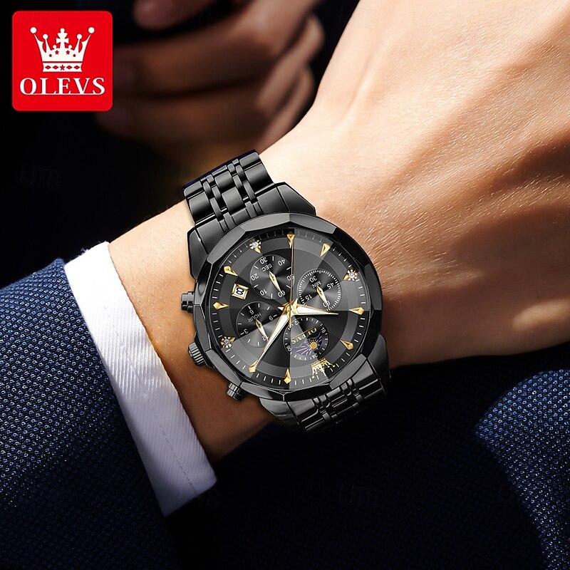 OLEVS 3673 Men's Watches Rhombus Dial Moon Phase Hand Clock Solid Stainless steel Waterproof Date Wristwatch4