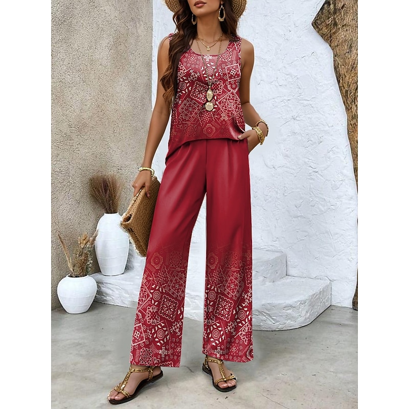 Women's Pants Sets Vacation Fashion Daily  Sleeveless U Neck Floral Graphic Geometric Casual Daily Weekend Light Green Red Dusty Blue Summer Regular Fit3