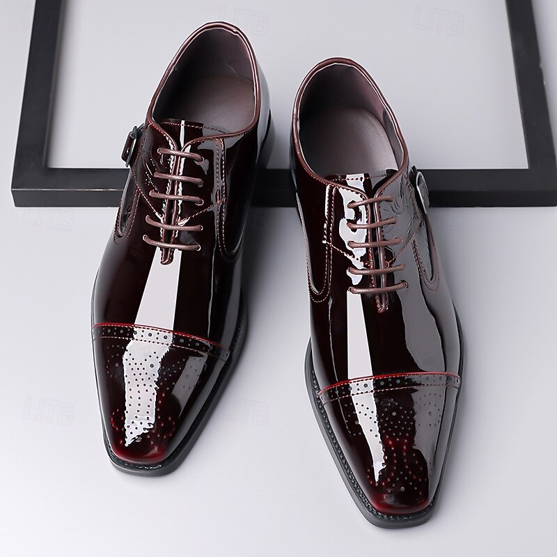 Men's Dress Shoes - Burgundy Two-Tone Patent Leather Shoes with Lace-Up Design for Dance Parties and Special Occasions4