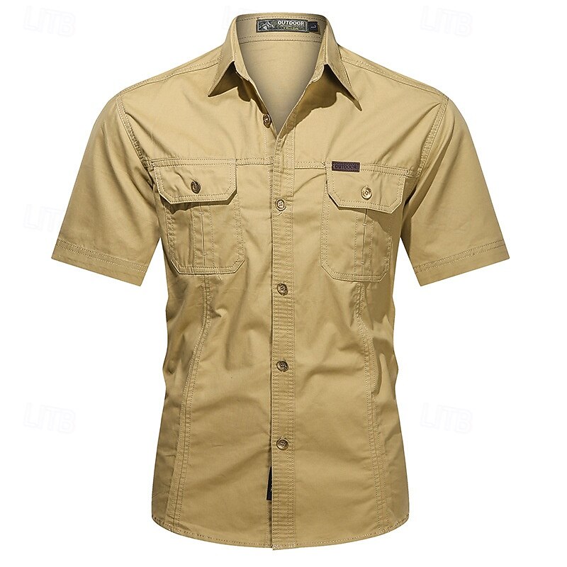 Men's Shirt Summer Shirt Casual Shirt Button Up Shirt Cargo Shirt Black Yellow Blue Deep Blue khaki Short Sleeve Plain Shirt Collar Vacation Hawaiian Pocket Clothing Apparel 100% Cotton Fashion