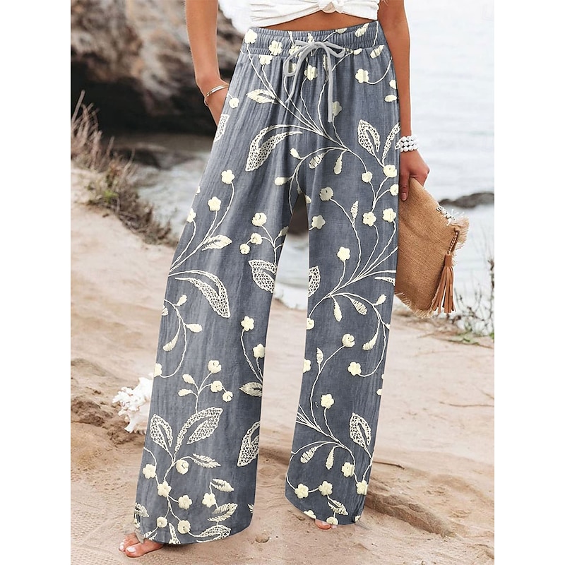 Women's Wide Leg Chinos Baggy Pants Vacation Fashion Ethnic Style Full Length High Waist Floral Graphic Abstract Printing Soft Breathable Micro-elastic Formal Vacation Street White Yellow Pink Blue3