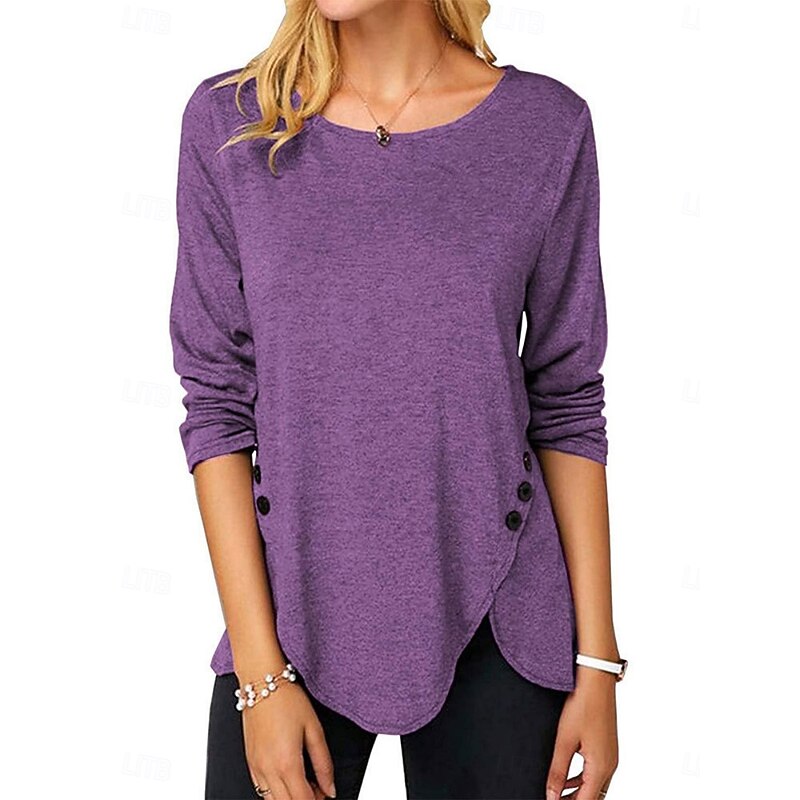 Women's Blouse Plain Stylish Casual Long Sleeve Crew Neck Regular Tops Daily Buttons White Sky Blue Purple Brown Summer Spring4