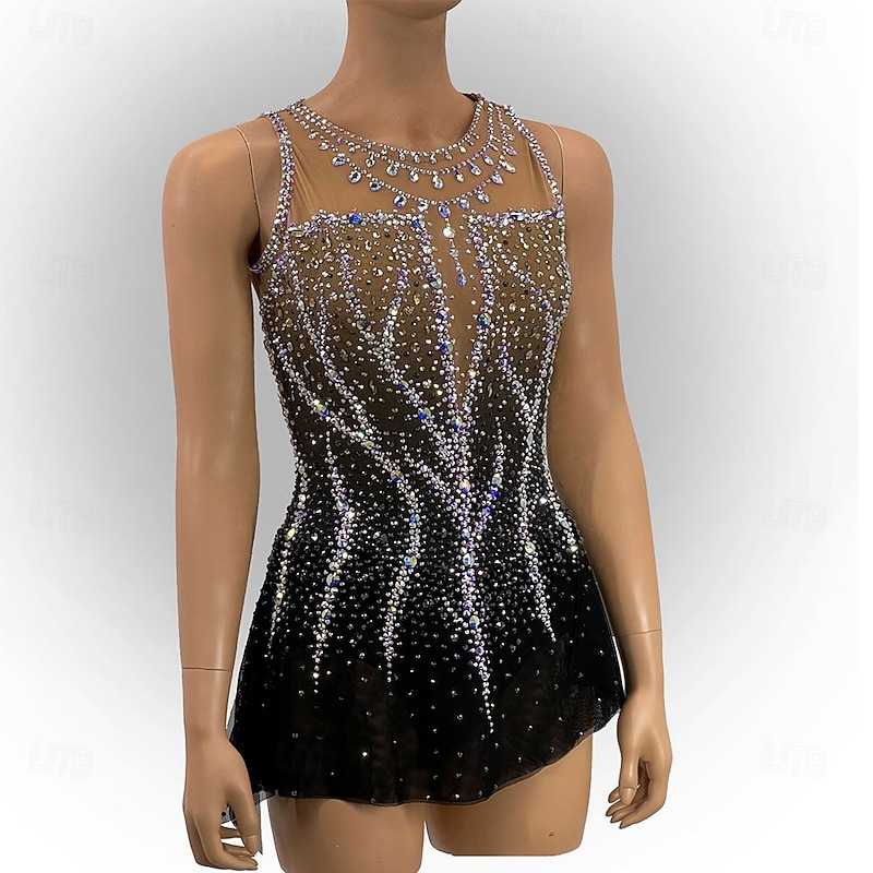 Figure Skating Dress Women's Girls' Ice Skating Dress Black Patchwork Asymmetric Hem Mesh High Elasticity Training Competition Skating Wear Classic Crystal / Rhinestone Sleeveless Ice Skating Figure