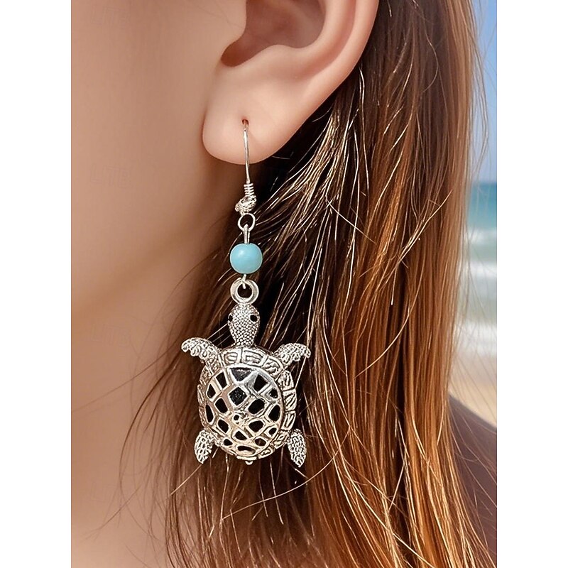 Women's Sea Turtle Drop Earrings – Boho Beach Style Dangle Earrings with Turquoise Bead Accent, Lightweight Ocean-Inspired Jewelry for Summer Vacations and Coastal Outfits3