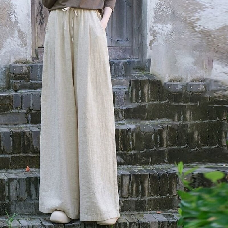 Women's Cotton Linen Pants Slacks Streetwear Casual Full Length Natural Plain Pocket Elastic Drawstring Design Outdoor Comfortable Street Holiday Dark Brown Apricot Black Dark Navy Summer Regular Fit2