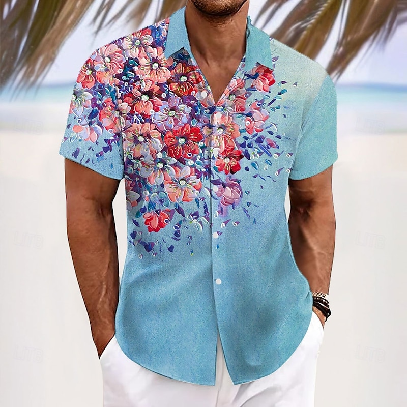 Men's Floral Print Tropical Flowers Shirt Summer Hawaiian Shirt Button Up Shirt Short Sleeve Hawaiian Resort Vacation Holiday Beach Wear Summer Spring Turndown 3D Print Collared Shirts Yellow Blue3