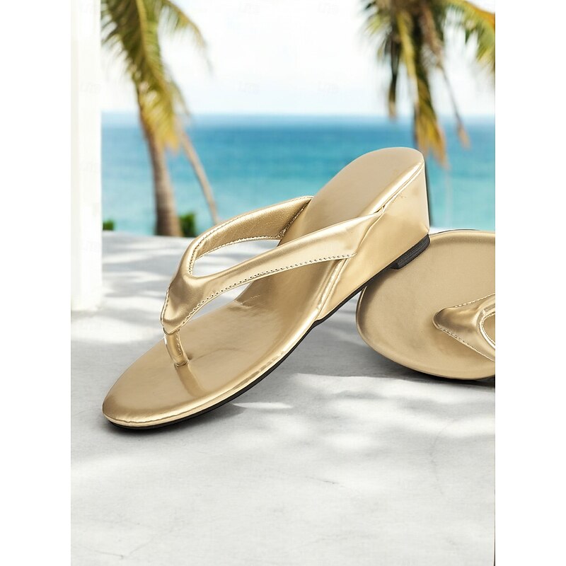 Women's Gold Wedge Flip Flop Sandals – Shiny Metallic Beach Slides for Summer Vacation, Travel, and Casual Wear2