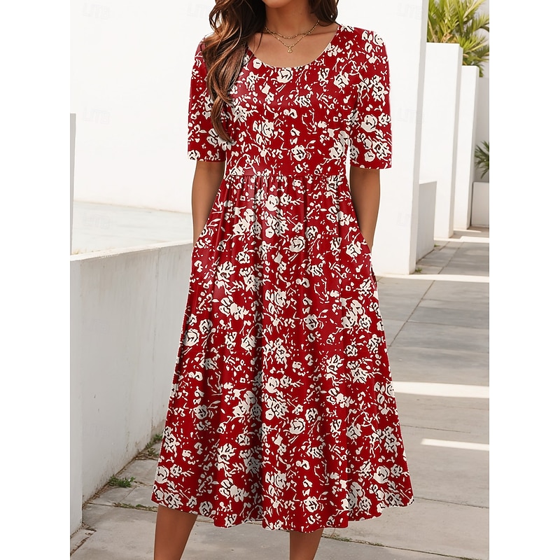 Women's Midi Dress Summer Dress Vacation Casual Beach Holiday Regular Fit Floral Graphic Short Sleeve Crew Neck Red Blue Green Summer2