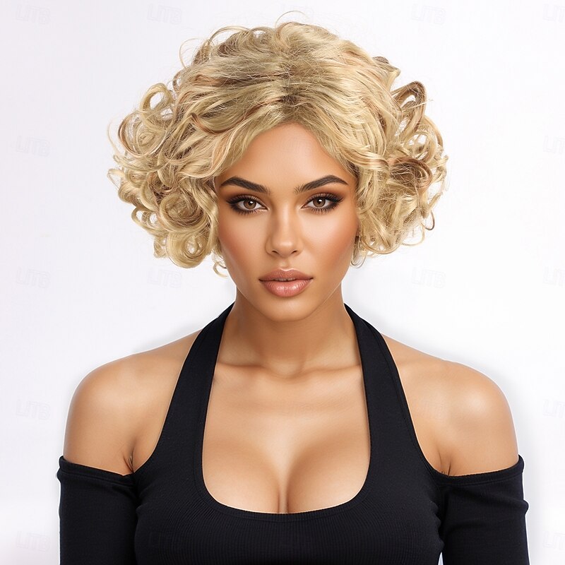 Synthetic Wig Curly Bob Pixie Cut Machine Made Wig 10 inch A1 Synthetic Hair Women's Classic Comfortable Highlighted / Balayage Hair Blonde2