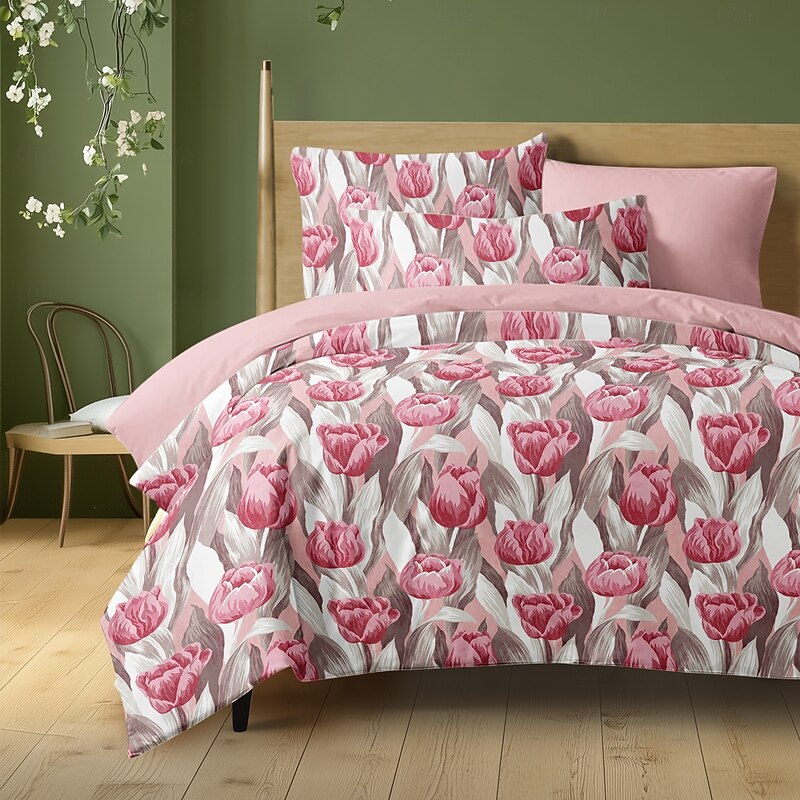 Floral Tulips Duvet Cover Set 100% Cotton Soft and Breathable Bedding Featuring Colorful Flowers Lightweight and Durable Quilt Cover Comfortable for All Seasons Easy to Care
