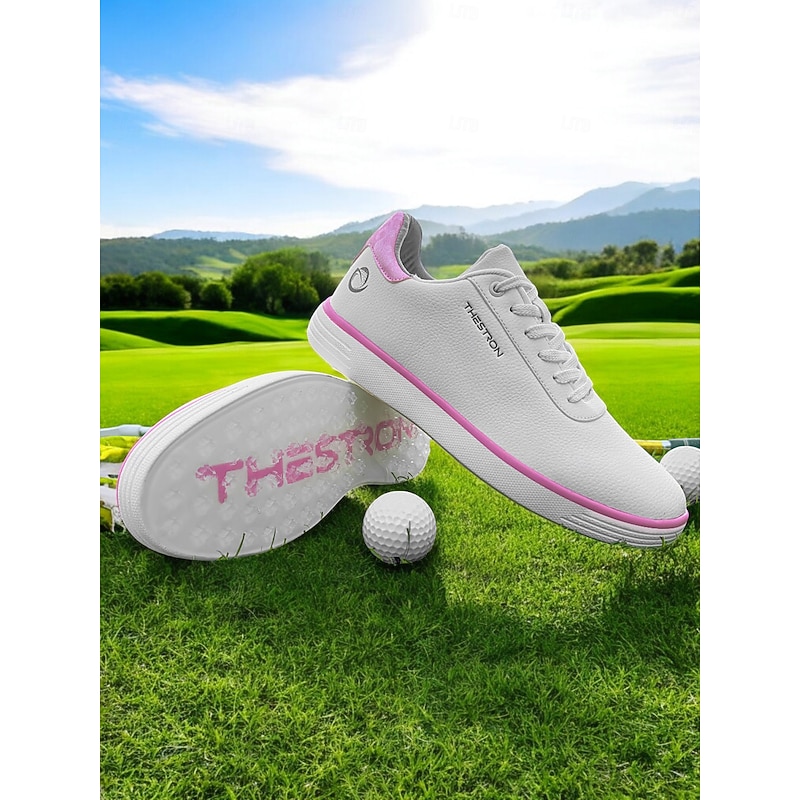 Women's Casual Lace-Up Golf Shoes | Lightweight Non-Slip Walking Sneakers for Female Golfers | Stylish Pink and White Design for Practice & Play4