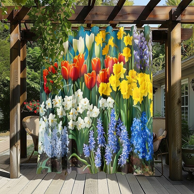 Waterproof Outdoor Curtain Privacy, Sliding Patio Curtain Drapes, Pergola Curtains Grommet 3D Flowers Tulips Landscape For Gazebo, Balcony, Porch, Party, 1 Panel4
