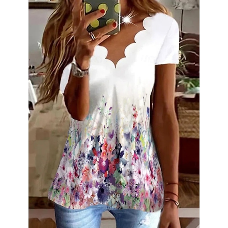 Women's Blouse Floral Stylish Casual Short Sleeve V Neck Regular Tops Daily Print White Blue Summer