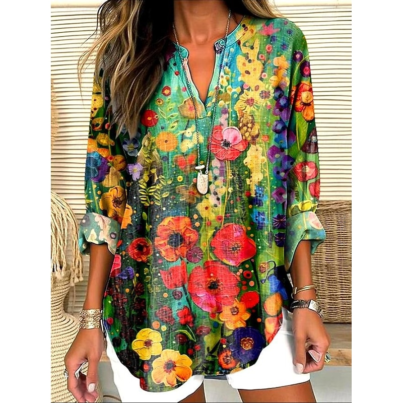 Women's Blouse Tunic V Neck Long Sleeve Boho Casual Tops Floral Daily Romantic Regular Tops Work Daily Buttons Print White Red Dusty Blue Green4