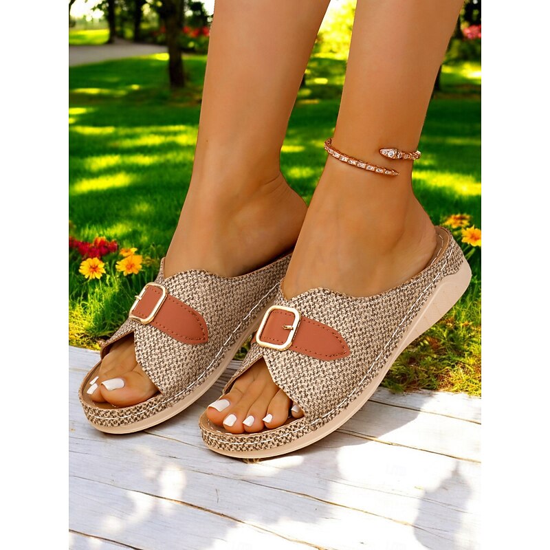 Women's Linen Flat Sandals with Buckle – Casual Summer Slides for Comfortable Daily Outdoor Wear2