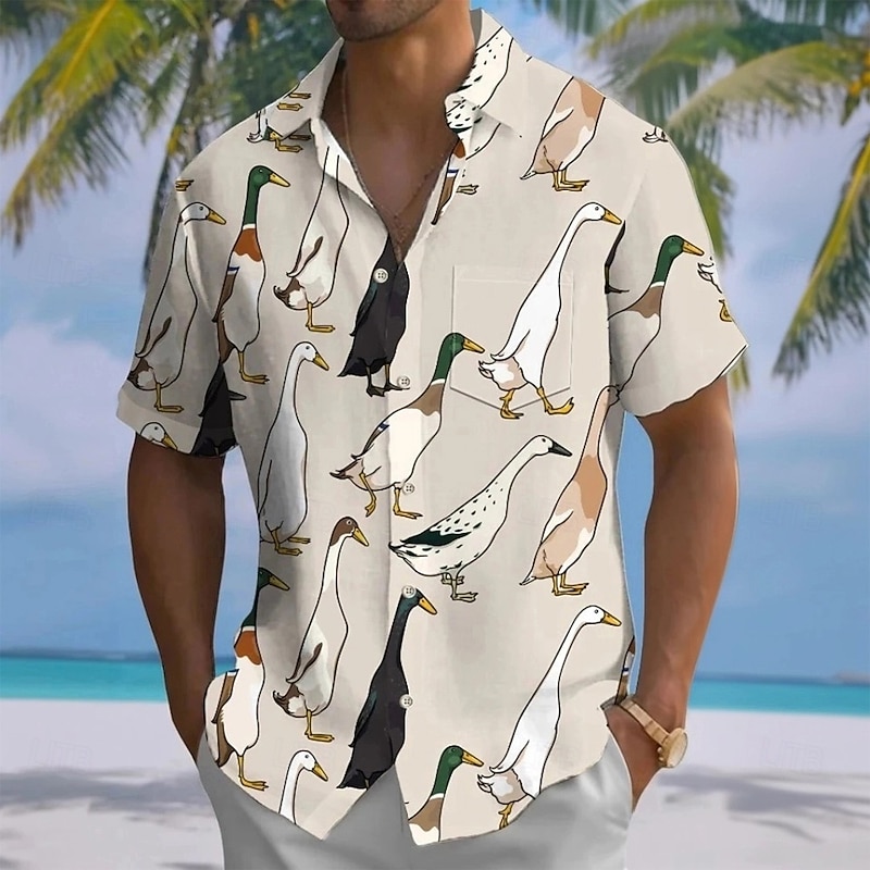 Men's Animal Funny Goose Shirt Summer Hawaiian Shirt Button Up Shirt Short Sleeve Hawaiian Vacation Holiday Beach Wear Summer Spring Turndown 3D Print Collared Shirts Front One Pocket Khaki