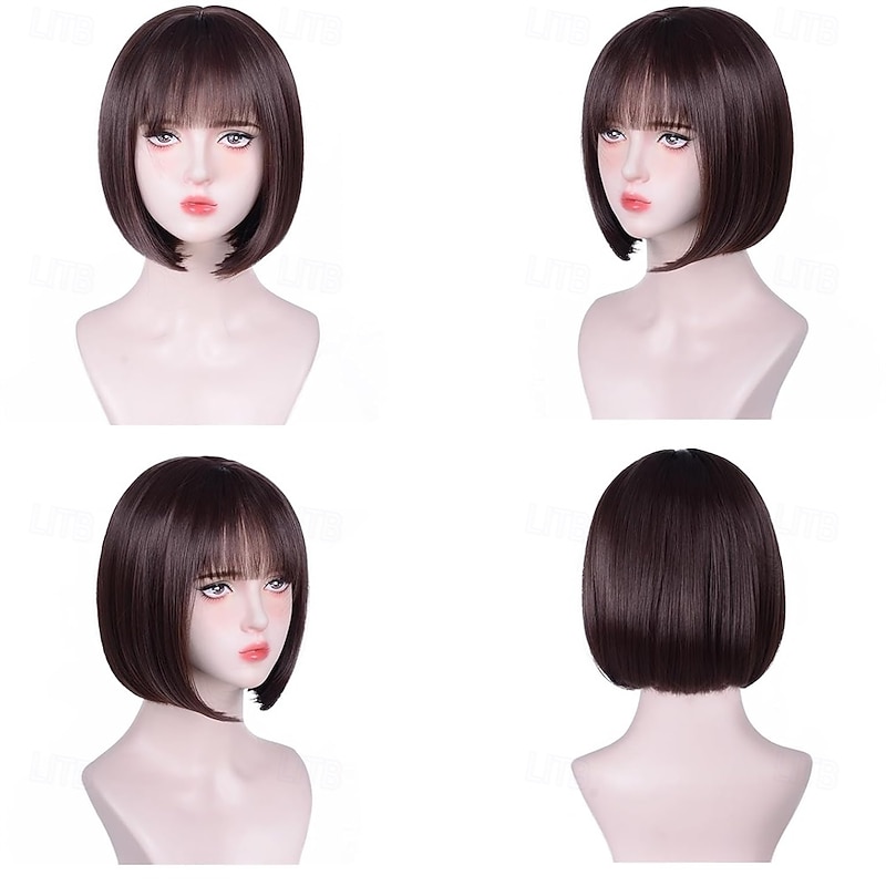 Short Brown Bob Wig With Bangs Straight Bob Wigs for Women Brown Bob Synthetic Wig Super Soft and Easy to Wear Straight Bob Wig Colorful Synthetic Wig for Daily Cosplay Halloween3