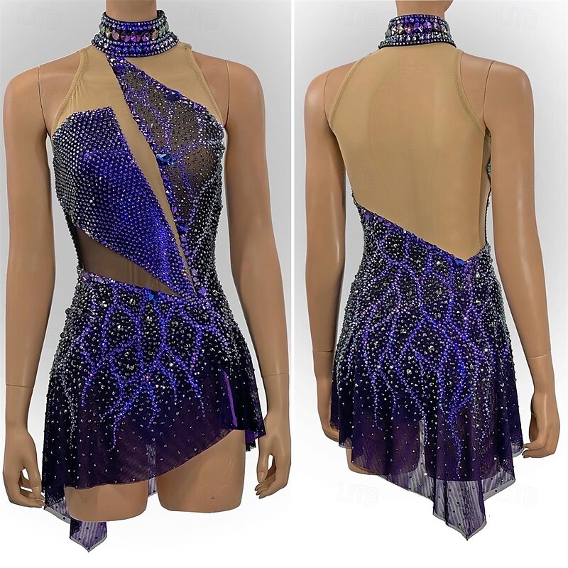 Figure Skating Dress Women's Girls' Ice Skating Dress Blue Black Patchwork Asymmetric Hem Mesh Spandex High Elasticity Training Competition Skating Wear Classic Crystal / Rhinestone Sleeveless Ice