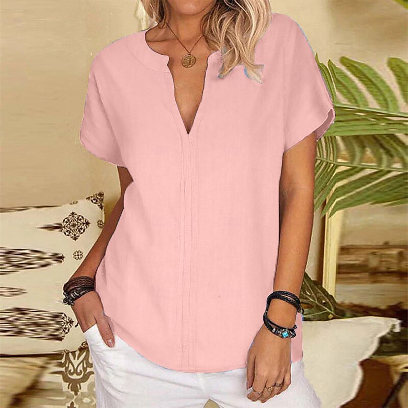 Women's Blouse Solid Color Elegant Stylish Casual Short Sleeve V Neck Regular Tops Daily Holiday Black White Pink Blue Green Summer2