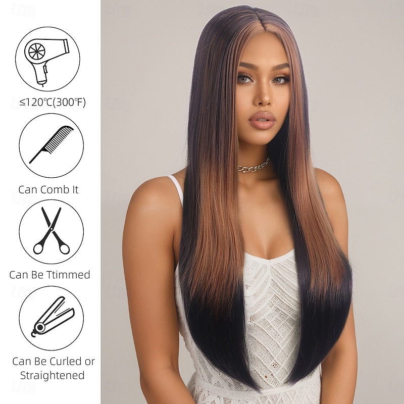 Synthetic Wig kinky Straight Natural Straight Layered Haircut Deep Parting Machine Made Wig 30 inch A1 Synthetic Hair Women's Classic Comfortable Ombre Hair Mixed Color2