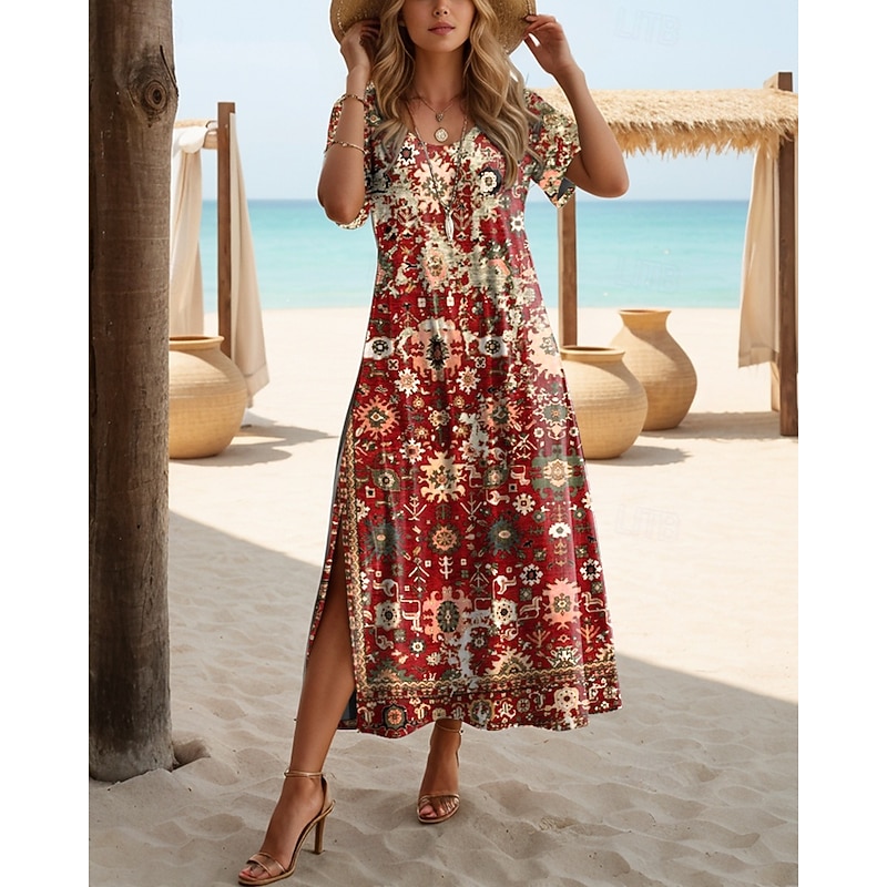Women's Maxi Dress Casual Dress T Shirt Dress Tee Dress Sundress Shift Dress Bohemia Party Holiday Beach Loose Fit Floral Vintage Bohemian Short Sleeve Crew Neck Maroon Aqua Blue Summer Spring