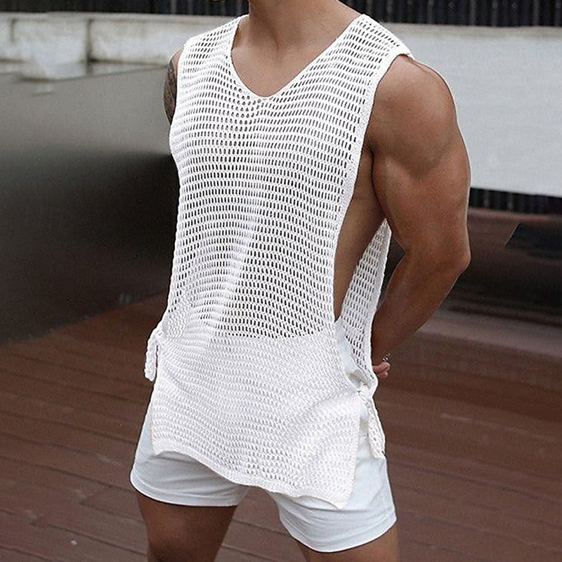Men's Tank Top Vest Top Undershirt Sleeveless Shirt Sleeveless V Neck Summer Plain Fashion Designer Hole Vacation Street Going out White Beige Top Tee for Men2