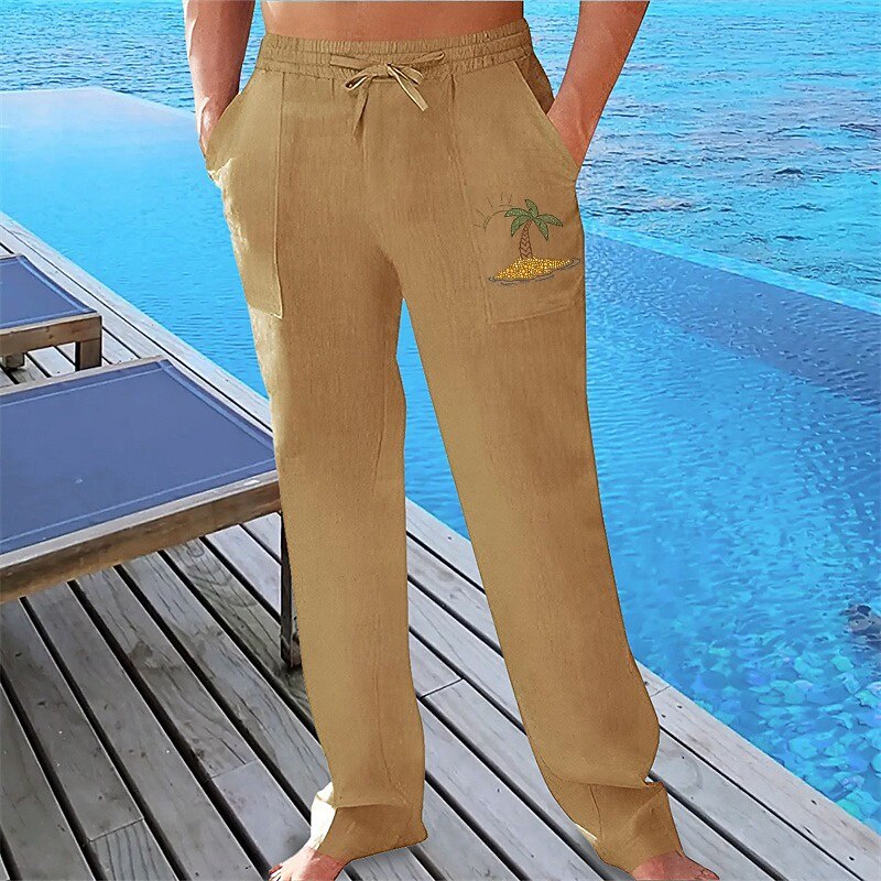Men's Linen Pants Trousers Summer Pants Beach Pants Pocket Drawstring Elastic Waist Graphic Comfort Breathable Vacation Daily Holiday Hawaiian Boho turmeric White3