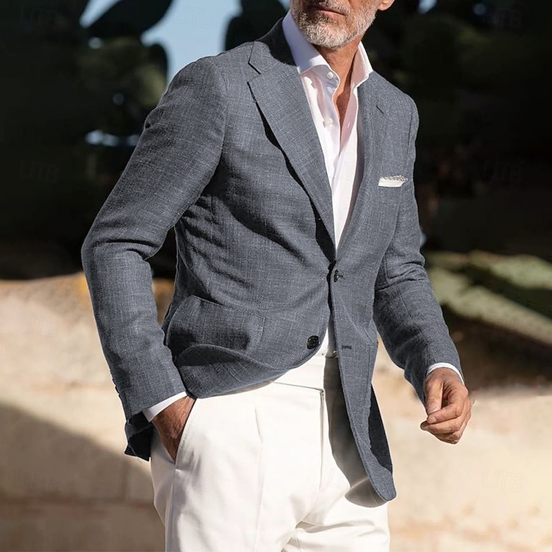 Men's Linen Blazer Sport Coat Notch Collar Fashion Casual Solid Colored Linen Blazer Dusty Blue Army Green Standard Fit Single Breasted Two-buttons