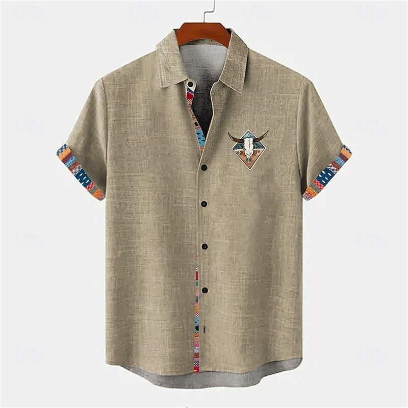 Men's Ethnic Linen Shirt Summer Hawaiian Shirt Button Up Shirt Short Sleeve Hawaiian Resort Vacation Holiday Beach Wear Summer Spring Turndown 3D Print Collared Shirts Blue Green Khaki3